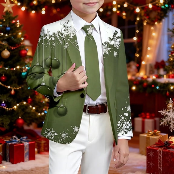 YMNXA Big Kids Boys Christmas Formal Coat Long Sleeve Lapel Snowflake Print Comfortable Jacket For Party Army Green 3-4 Years