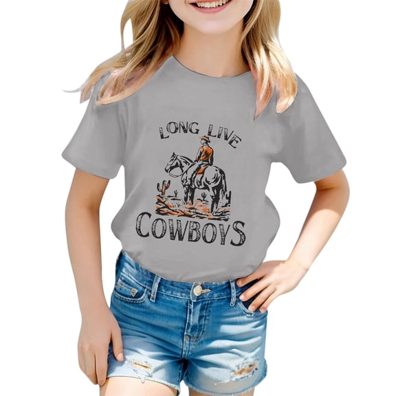 Hienoo Girls Cowboy Graphic Short Sleeve T Shirt Trendy Summer Crewneck Tshirt, Sizes 0-13