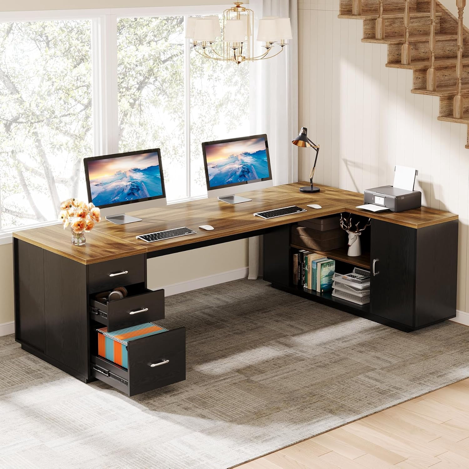 Tribesigns 85.8-Inch L-Shaped Executive Desk, Extra Large Modern Office Desk with File Drawers, Door Cabinet & Shelves, Brown&Black