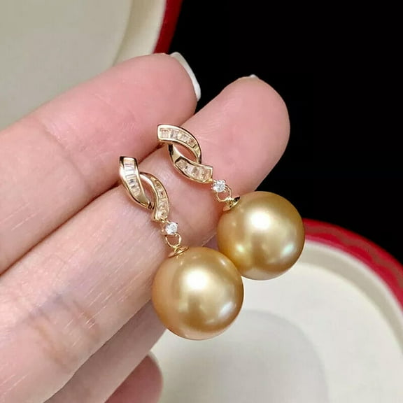 K-KED Gorgeous AAA 10-11mm South Sea Round Golden Pearl Dangle Earring 925s