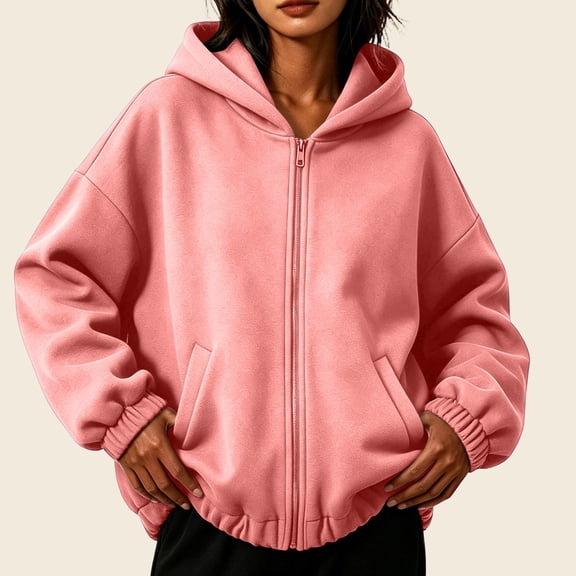 QUNYINEY Womens Hoodies Fall Pink Zip Up Sweatshirt Casual Long Sleeve Hooded with Pocket Loose Fit Sweatshirt for Women S-2XL