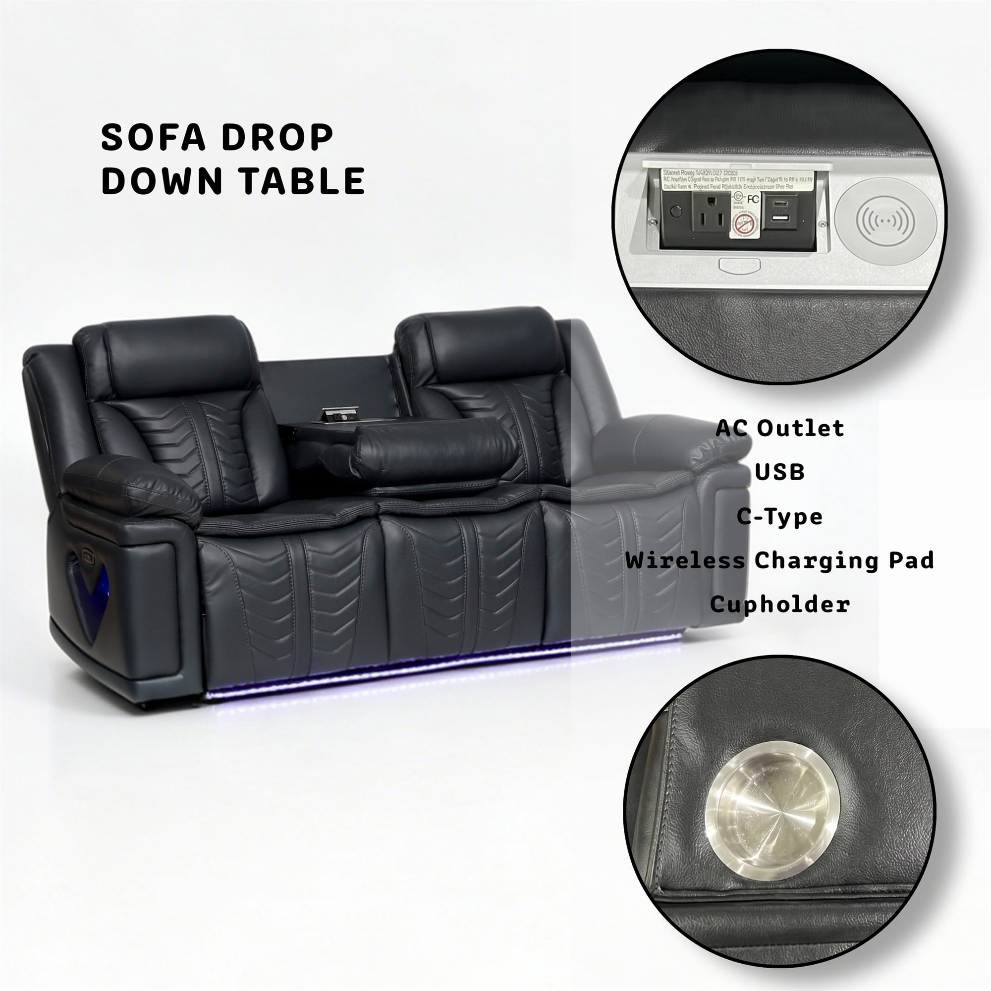 Electra Luxury 2-Piece Power Reclining Living Room Set - Dark Grey Faux Leather Motion Sofa and Loveseat with LED Lighting, Bluetooth Speakers, Drop-Down Table, and Wireless Charging