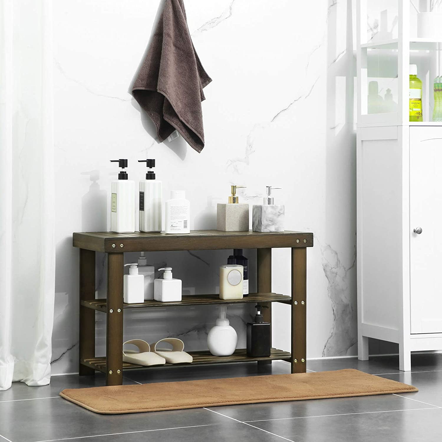 3-Tier Shoe Rack Bench, Hallway Bamboo Organizer, Home Storage Shelf with Holds 286 lb, Walnut