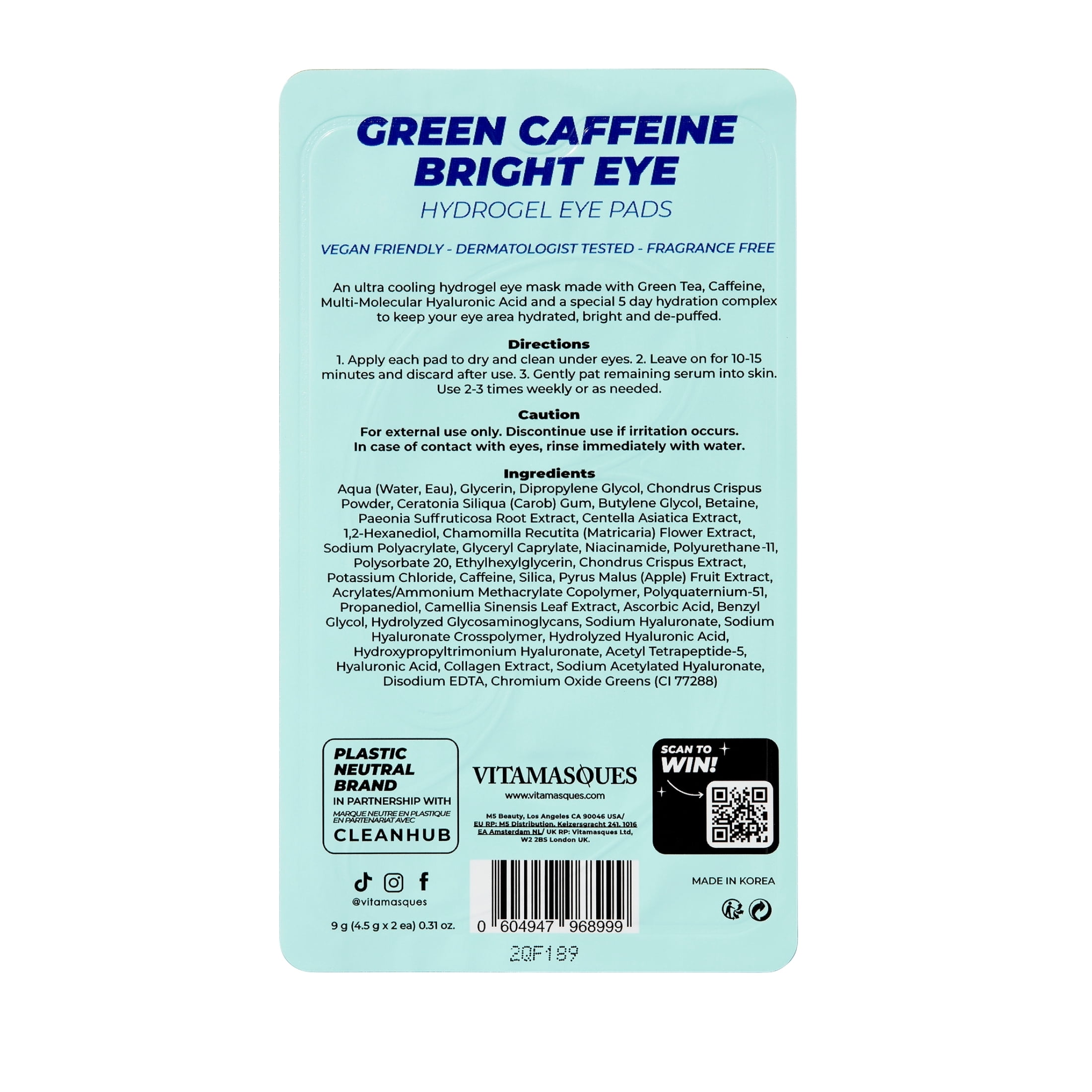 (2 pack) Vitamasques Green Caffeine Bright Eye Hydrogel Eye Pads, One Pair