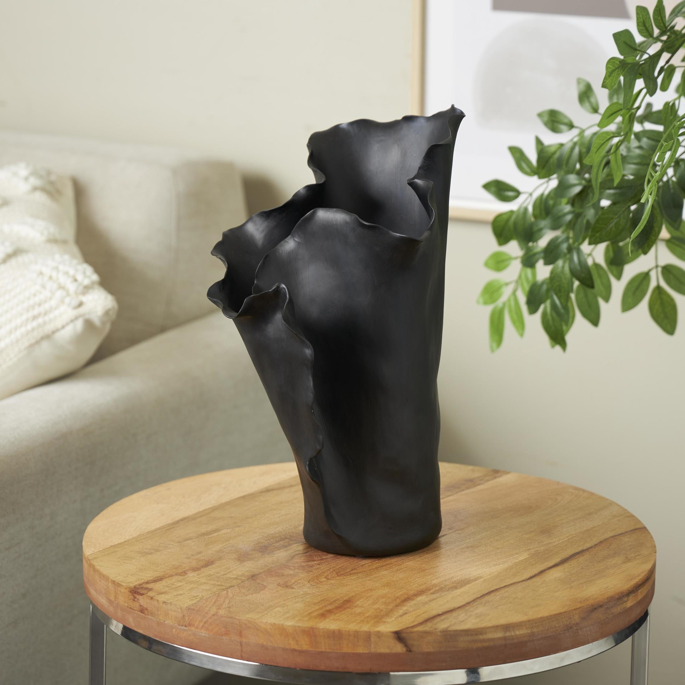 DecMode 16" Abstract Floral Inspired Black Ceramic Vase with Wavy Folded Rim