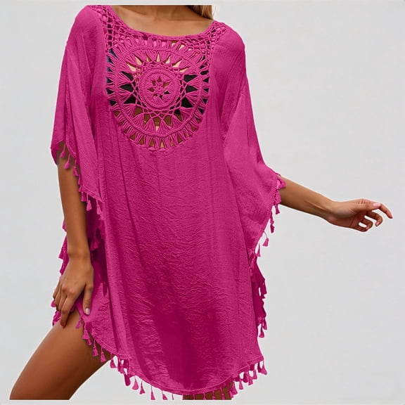 Daznico Lightweight Beach Cover Up Off Shoulder Crochet Plus Size Swimsuit Wrap with Tassels for Spring and Summer Vacation,One Size