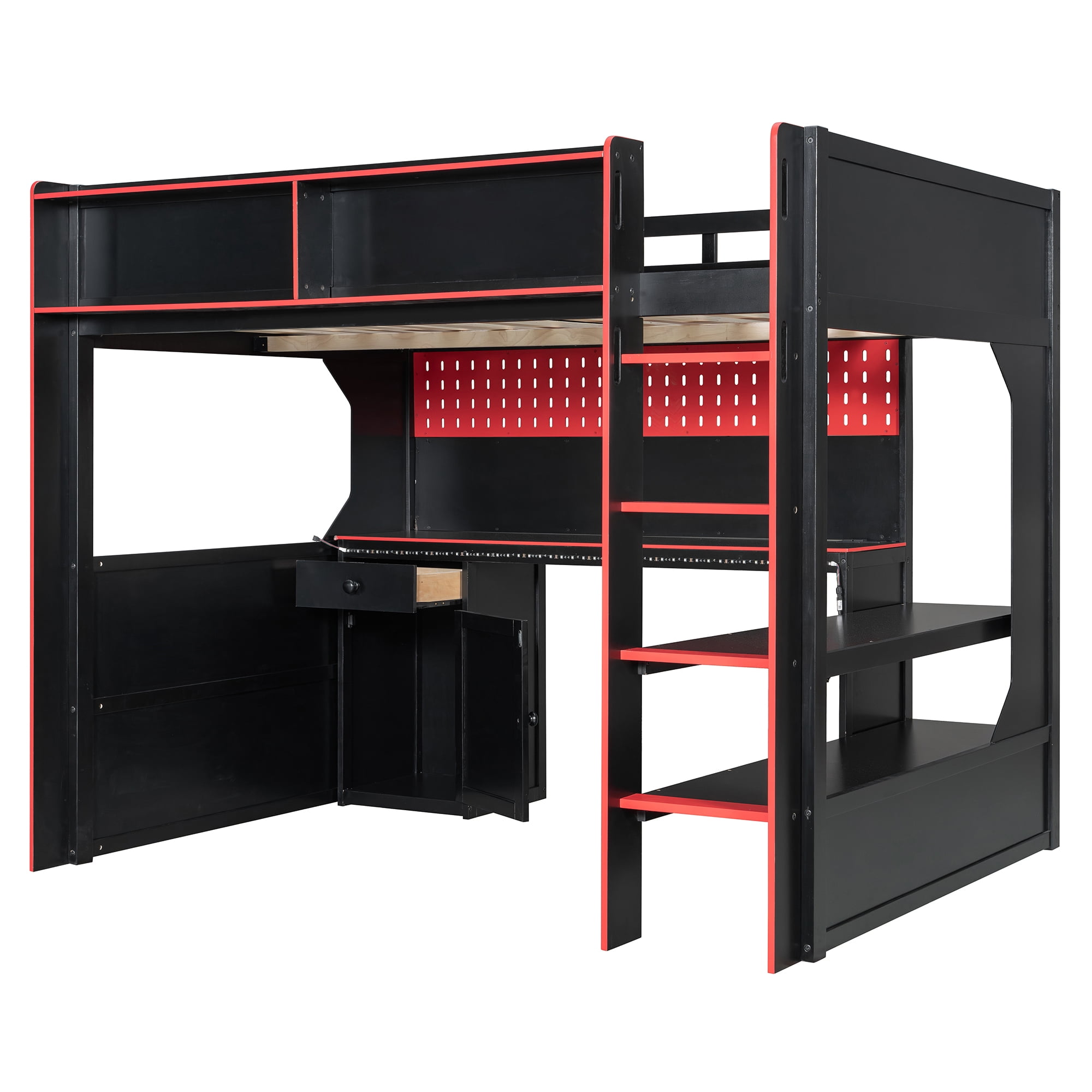 Mintazer Full Size Gaming Loft Bed with Desk & LED Lights, Modern Bed Frame with Storage Shelves & Pegboard and Charging Station for Dorm Bedroom Apartment, Black & Red