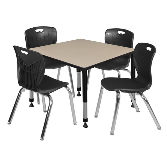Kee 42in. Square Adjustable Table-Beige & 4 Andy 18-in Chairs-Black