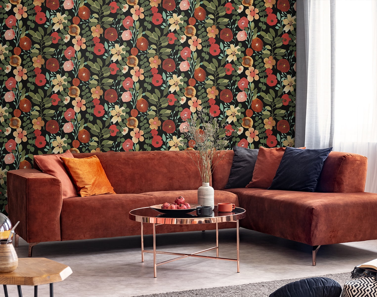 NextWall Jet Black & Ruby Garden Dance Peel and Stick Wallpaper