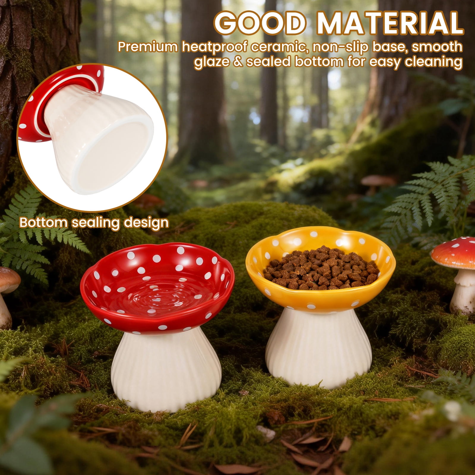 Threns Mushroom Cat Bowl,Whisker Fatigue Cat Bowl,Cute Cat Bowls,Elevated Cat Food Bowl, Lead & Cadmium Free Ceramic Cat Bowls for Food and Water,(Red+Yellow)