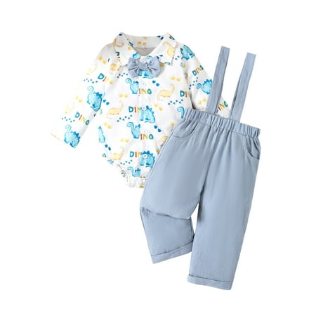 

Binshrliy 2Pcs Baby Boy Gentleman Outfit Overalls Set Newborn Long Sleeve Print Romper Tops + Suspender Pants 3M 6M 12M 18M Infant Fall Formal Clothes