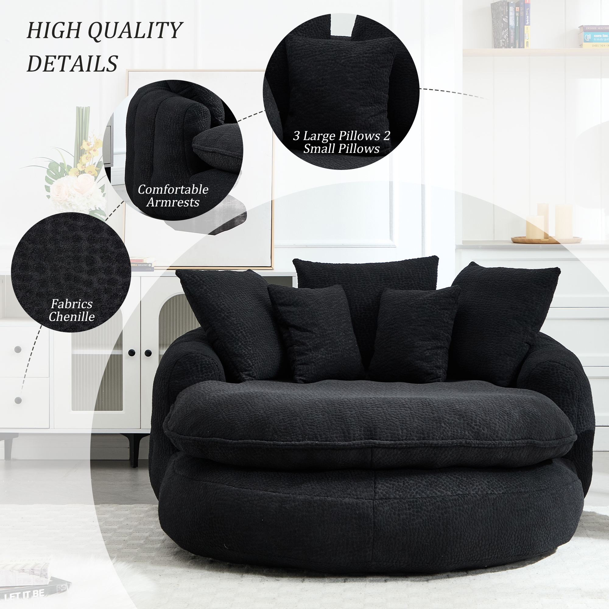 MOONMISS Chenille Upholstered Oversized Wrap Around Deep Seat Bean Bag Lazy Sofa with 5 Pillows-Black