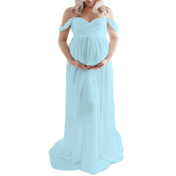 SAYOO Vestido de maternidad para fotografía Color sólido Fuera del hombro Vestido de gasa Frente Split Vestidos largos de embarazo para sesión de fotos SAYOO casual