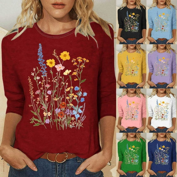 CYMMPU Women's Swing Shirts Floral Printed 3/4 Length Sleeve Basic Tees Crewneck Vintage Summer Fall Business Work Blouses Tunic Tops 2025 Clothes Black XL