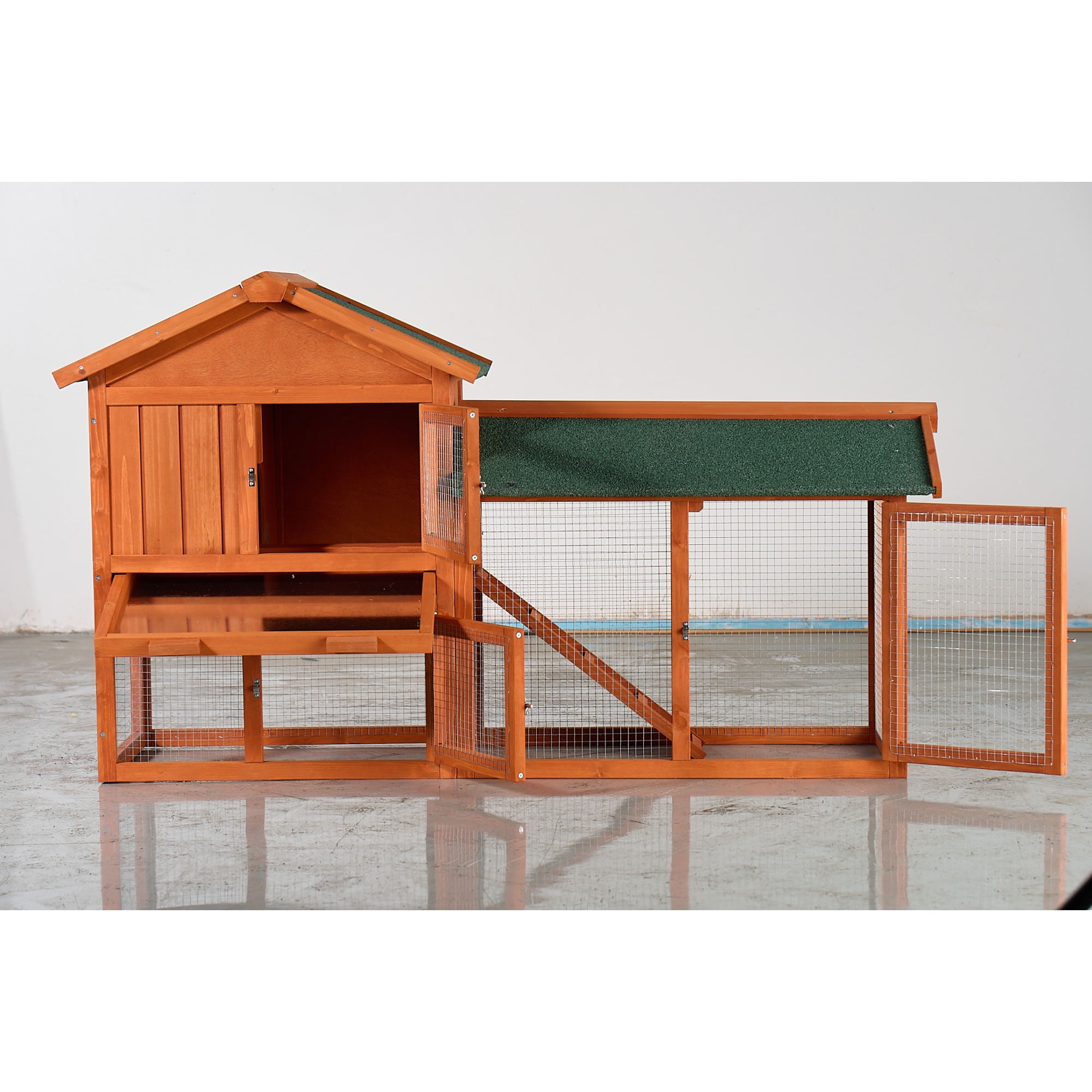 Jopath Large Wooden Rabbit Hutch, 2-Story Outdoor Bunny Cage with Waterproof Asphalt Roof, Pull-Out Tray and Ramp,Fir Wood Pet House for Rabbits,Chickens,Guinea Pigs (Brown & Green)