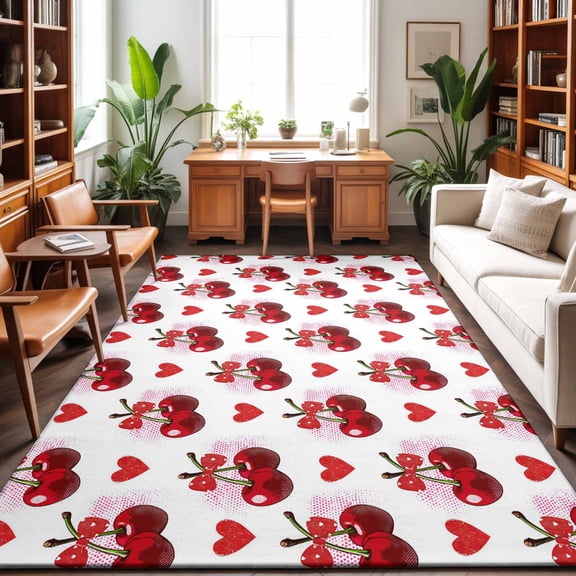 Large Area Rugs 6'x9', Red Cherry Carpet Runner Indoor Outdoor Rugs Home Decor Aesthetic, Watercolor Cherries Love Heart Farmhouse Non Slip Mats Washable Accent Rug for Living Room Bedroom