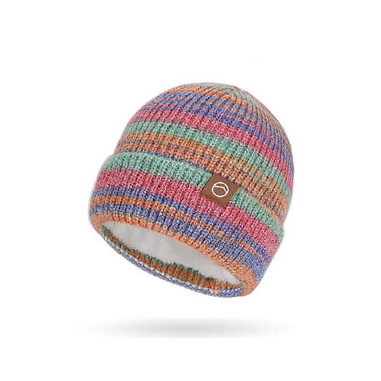 Womens 2 PCS Beanies Scarf Set Winter Rainbow Striped Cuffed 