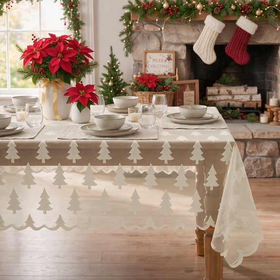 Sm:)e Christmas Tree Embroidery Lace Tablecloth 60x84 Inch, Beige, Vintage Floral Fabric Classy Vintage Reception Decor