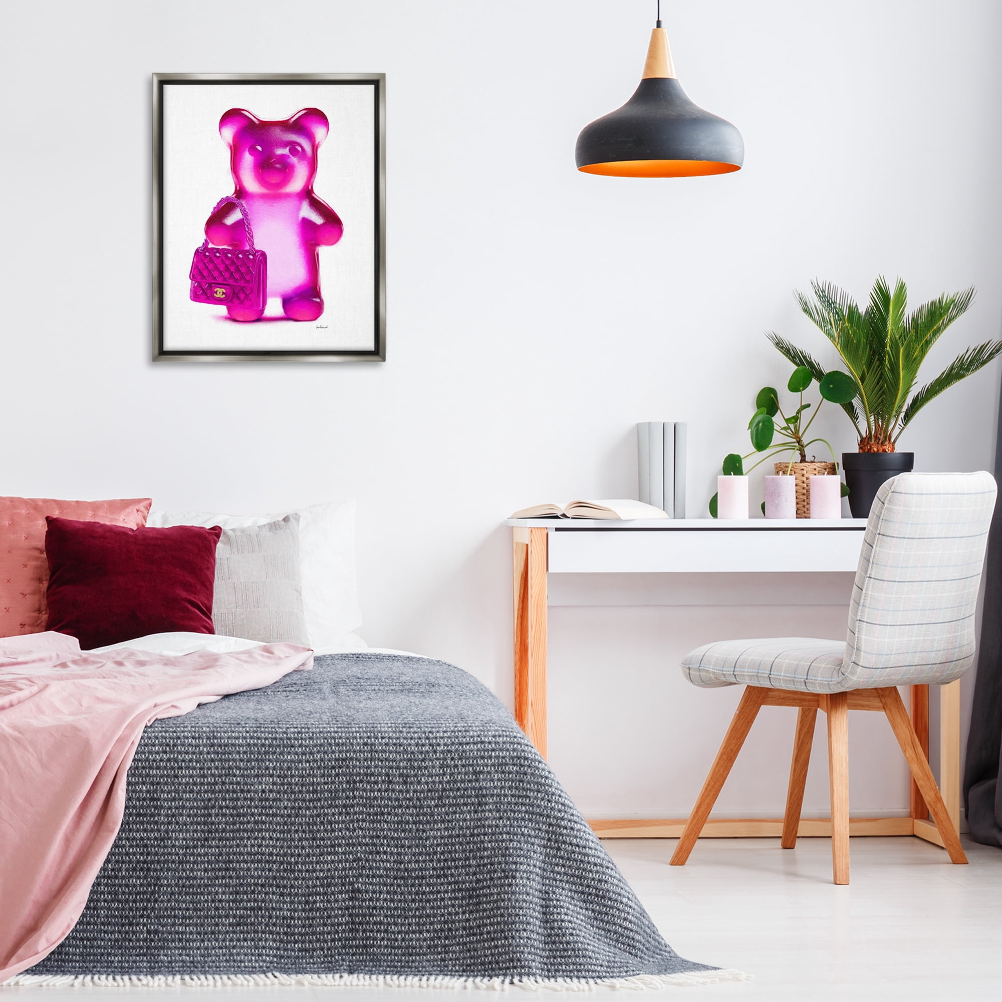 Stupell Industries Pink Bear & Purse Fashion Painting Gray Floater Framed Canvas Art Print Wall Art, 25 x 31