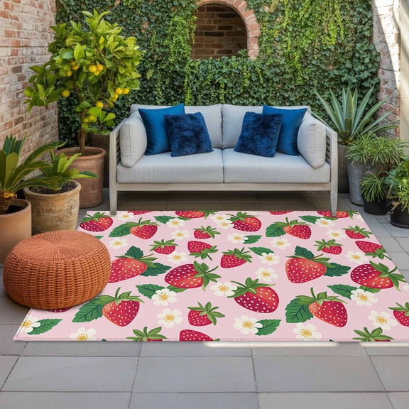 Outdoor Rug 3x5 ft Pink Strawberry Outdoor Large Area Rug Non Slip Rubber Cute Floral Fruit Front Door Mat RV Rug Camping Carpet Patio Outdoor Rugs for Backyard Balcony Deck Porch Indoor