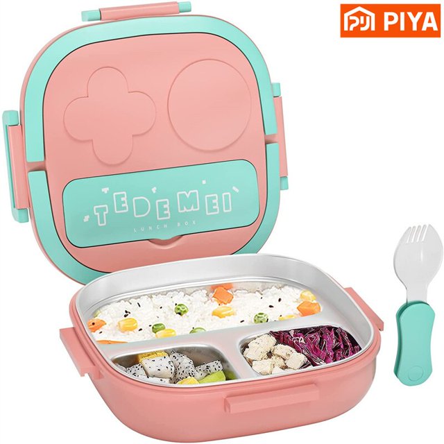 Fiambrera Bento de acero inoxidable para niños y niñas, caja de almuerzo aislada, secciones de porciones de Metal, contenedor a prueba de fugas, 500ML