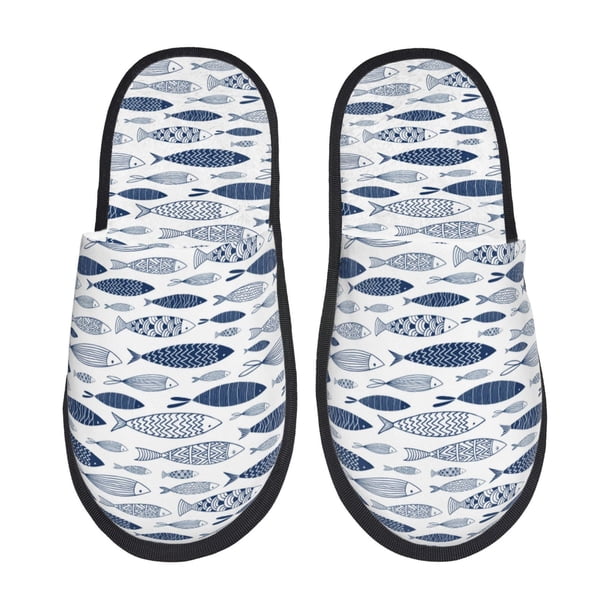 Fotbe Blue Fish Pantuflas Peludas para Mujer con Estampado, Zapatillas de Peluche, Zapatos de Invierno para Casa, Uso Interior y Exterior-Medium