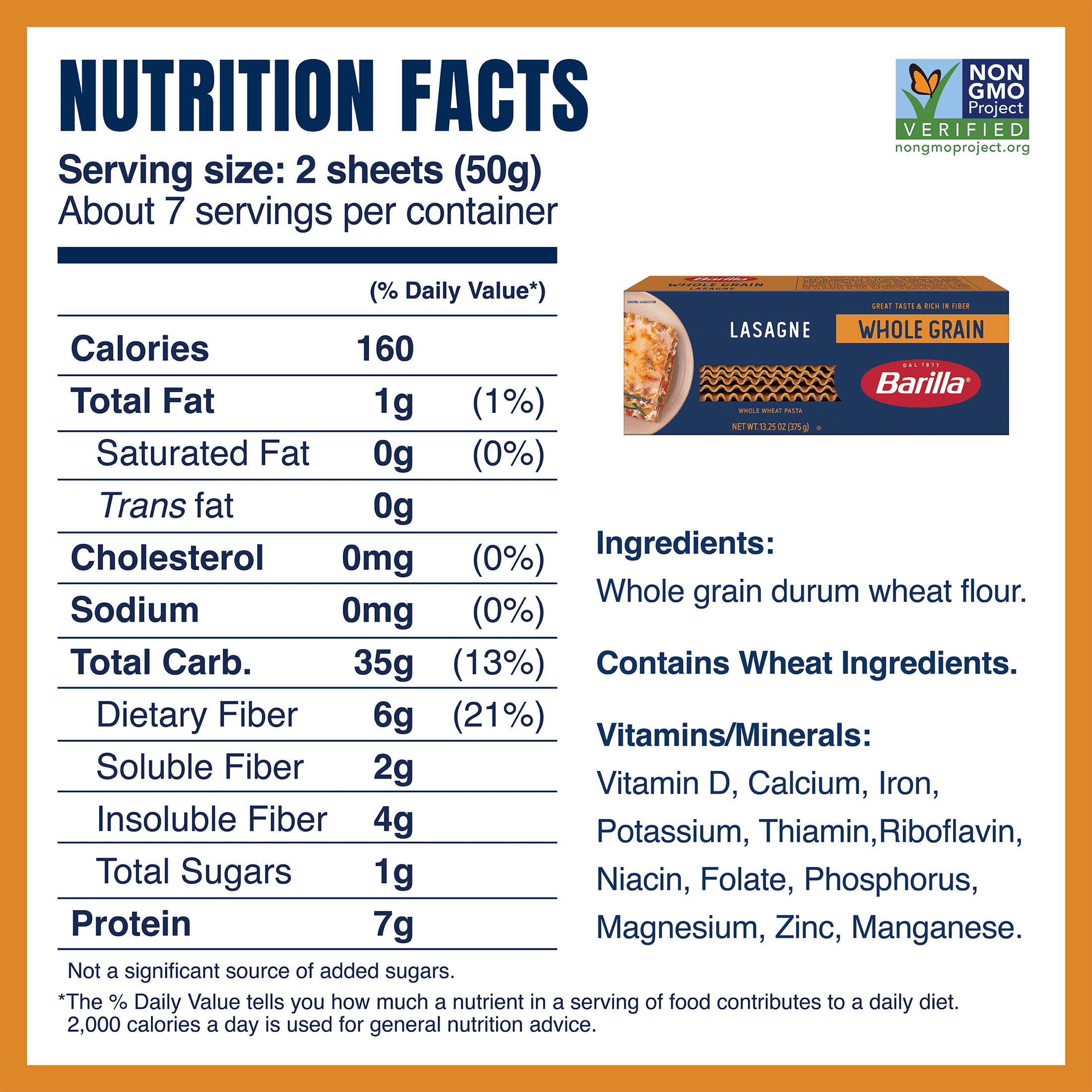 Barilla Whole Grain Lasagne, 100% Whole Wheat, 13.25 oz. Box