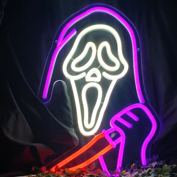 Ghost Face Neon Sign,Halloween Horror Skull Light up Sign for Bedroom Game Mancave Living Room Bar Party Gift