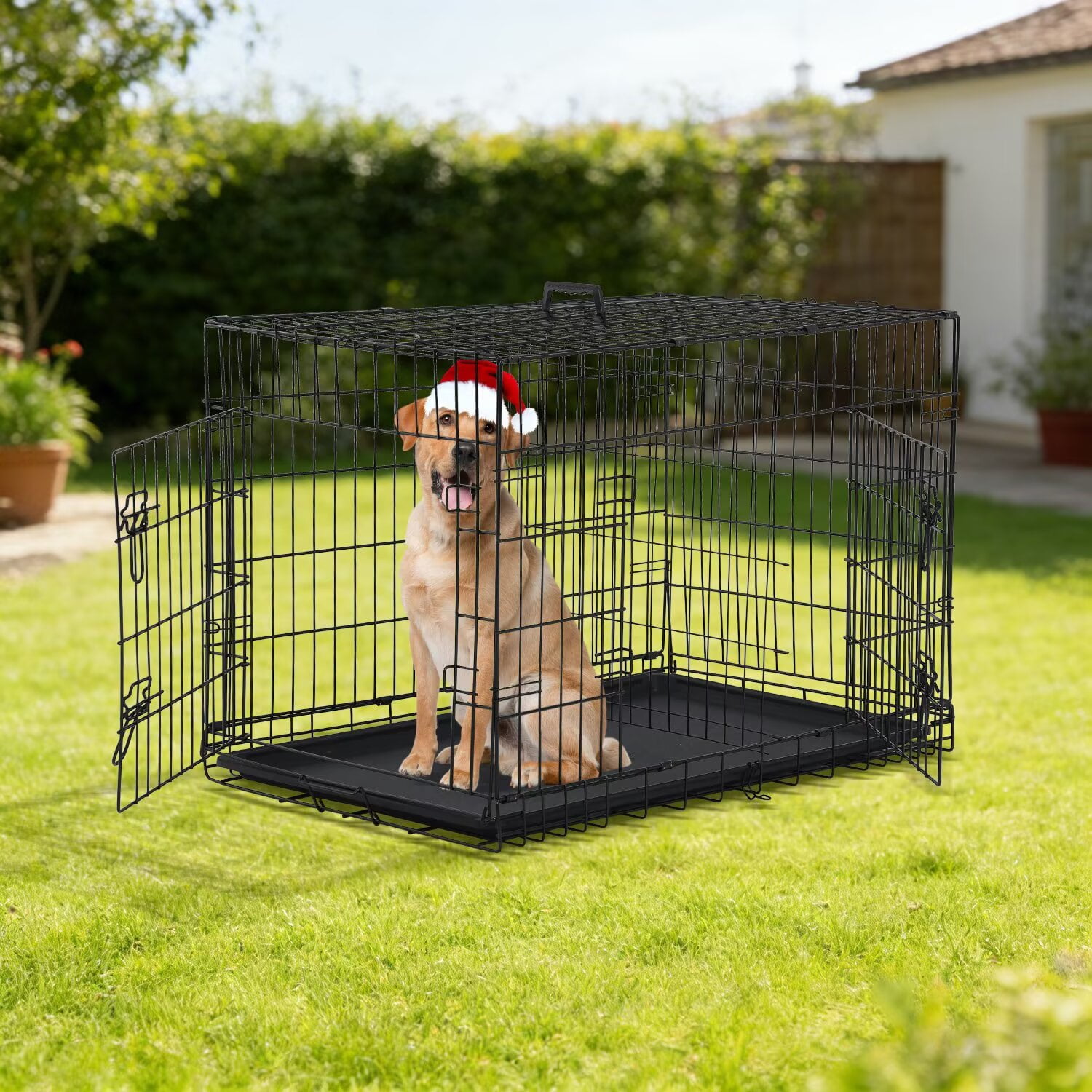 CL.HPAHKL Durable Wire Dog Crate, Folding Metal Dog Kennel Double Door Dog Cage with Plastic Tray, Pet Crate for Large Dog Indoor Outdoor Travel (Black, 36 inch)