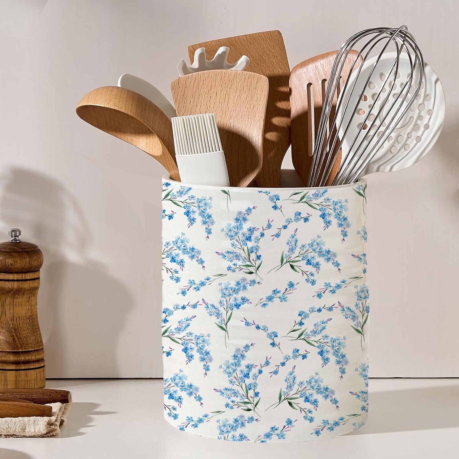 Ceramic Kitchen Utensil Holder, 7.2 inch Extra Large Blue Blossom Floral Pattern Utensil Crock Holder Organizer