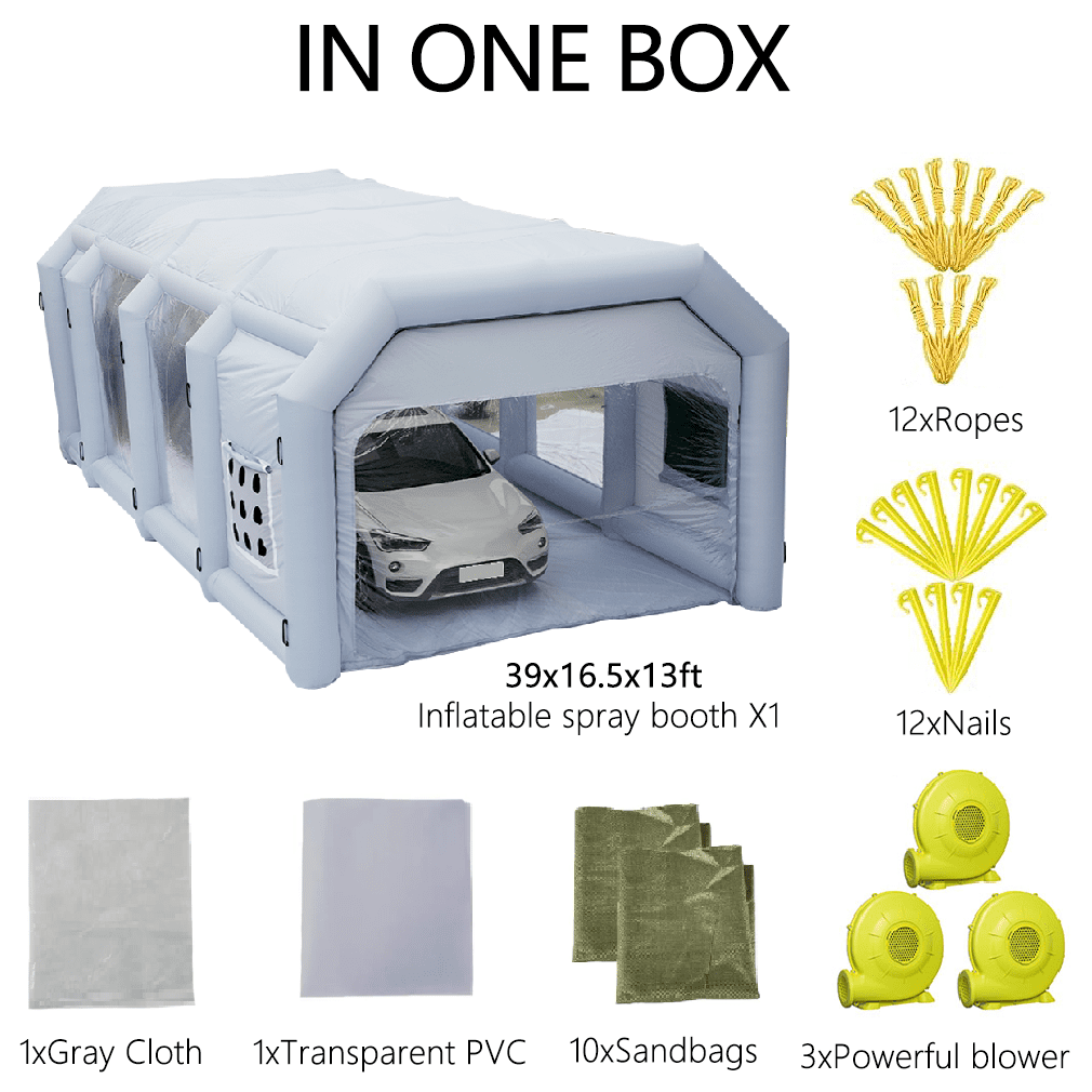 WGIA Inflatable Paint Booth 39X16.5X13FT with 3 Blowers Inflatable Spray Booth，Professional Car Workstation Portable Auto Paint Booth for Cars, Car Parts Painting