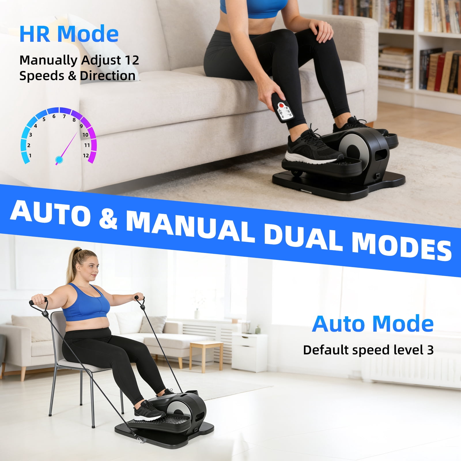 Under Desk Elliptical Machine, Portable & Quiet Seated Leg Exerciser, 12 Speeds with LCD Display & Remote, Compact Fitness for Seniors & Home Office, Black