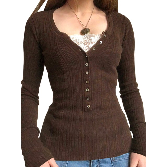Gupgi Women Slim Pullover Button Front Knit Tops Long Sleeve Lace Patchwork T-Shirts