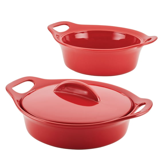 Rachael Ray Ceramic Casserole Bakers with Shared Lid Set, 3-Piece, Red