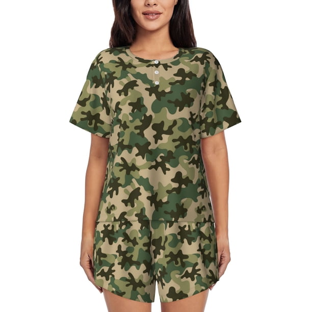 Balery Camouflag Conjunto de Pijama para Mujer con Estampado, Dos Piezas de Manga Corta y Shorts, Ropa de Dormir Suave con Cuello Redondo y Bolsillos-Large