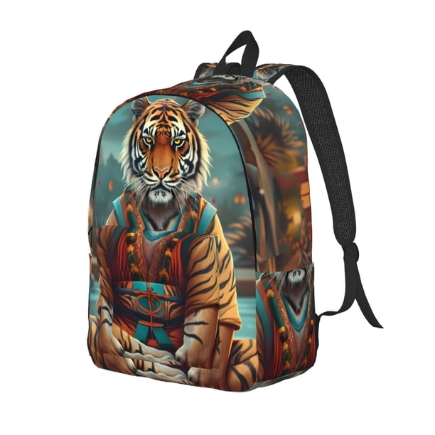 Disketp Pond Meditating Tiger print Canvas Backpack Lightweight Travel Daypack Student Rucksack Laptop Backpack-Medium