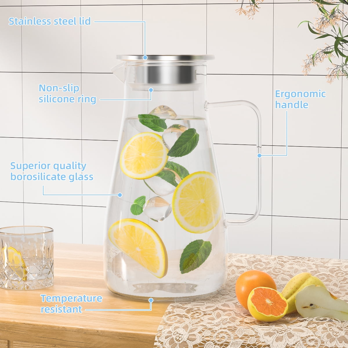 64 oz Glass Pitcher with Lid and Spout, 1.8L Heat & Cold Resistant Glass Water Carafe with Handle for Hot/Cold Water, Easy to Clean Large Drink Pitcher for Cold and Hot Beverage