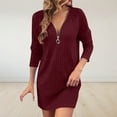 thumbnail image 2 of Dresses For Women 2025 Sevevn Womens Knit Sweater Dress Half Zip Long Sleeve Bodycon V Neck Mini Dresses, 2 of 7