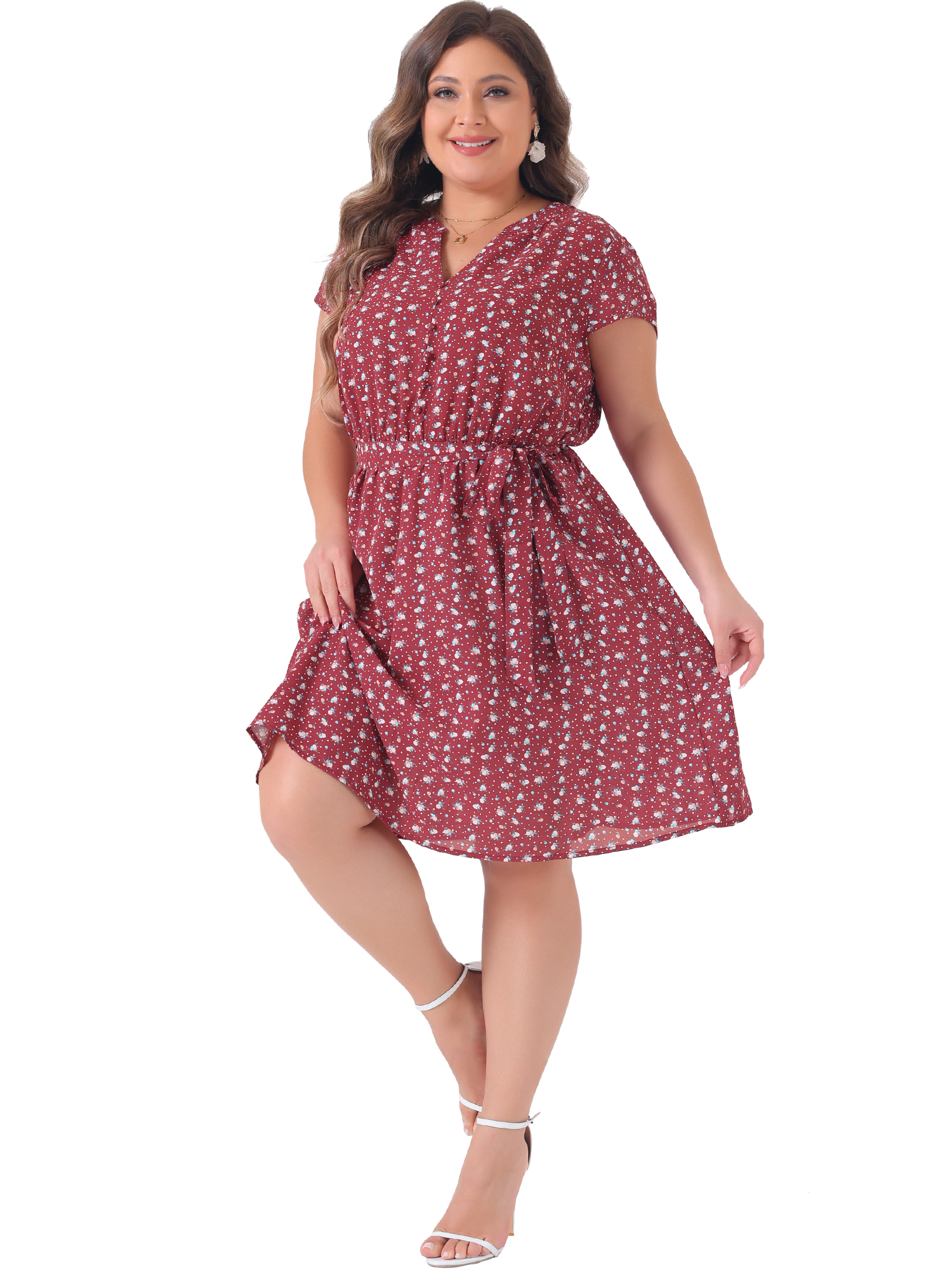 DARING DIVA Plus Size Floral V Neck Tie Belted Dress 2X Red