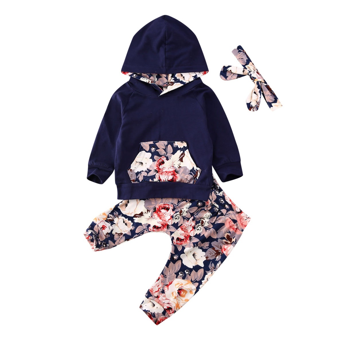 Baby Girl Clothes Long Sleeve Floral Hoodie Sweatshirt Pants with Pocket Headband Outfit Sets