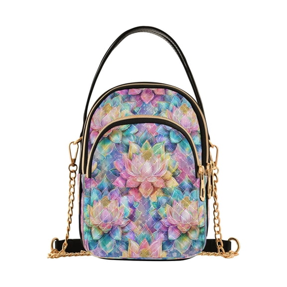 Quilted Women's Crossbody Bag Purses and Handbags with Detachable Leather Strap Colorful Lotus Pattern