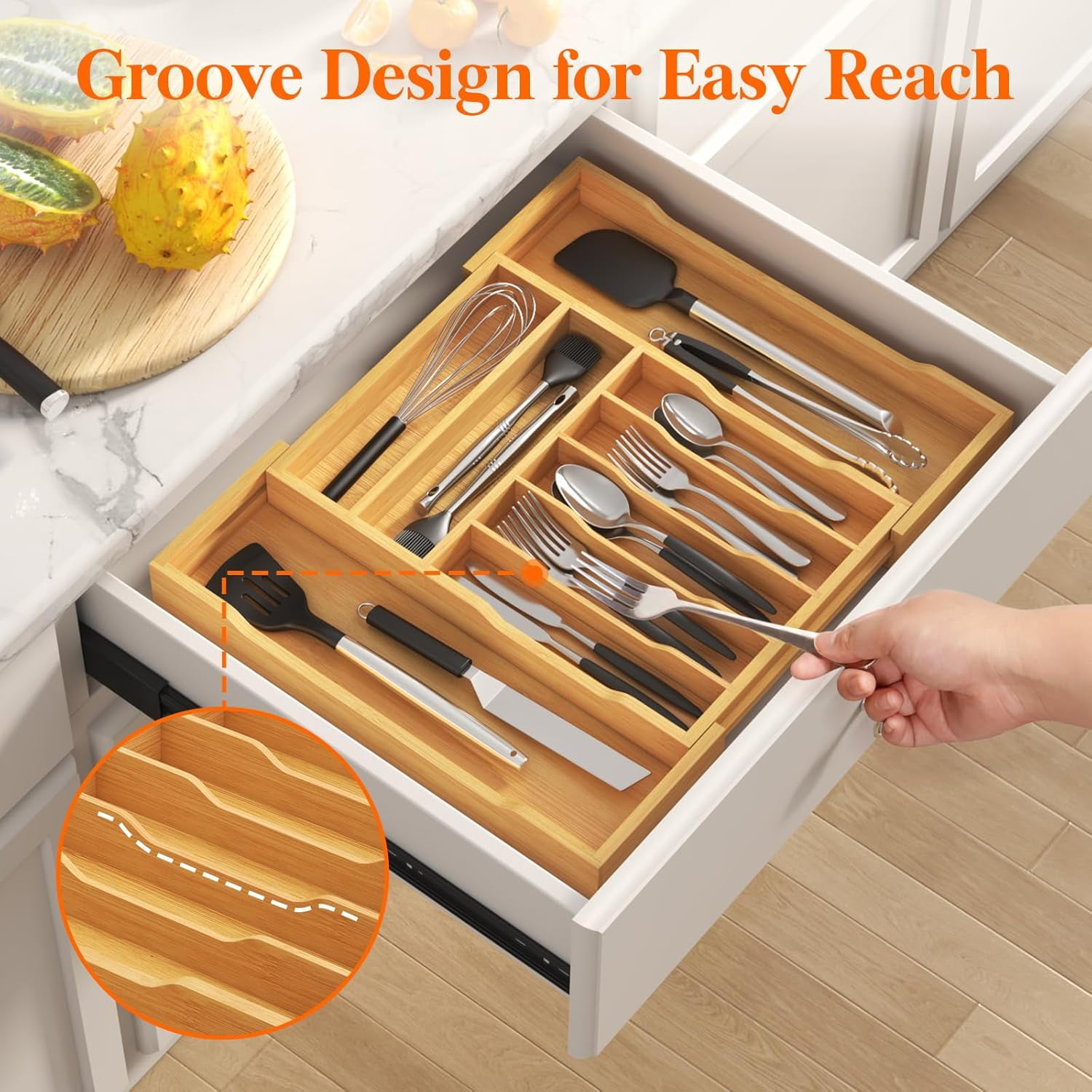 ACCL Expandable Bamboo Silverware Organizer, Adjustable Drawer Organizer 13.2"–20.5", Non-Slip Locking Clips, 9-Compartment Kitchen Utensil Tray
