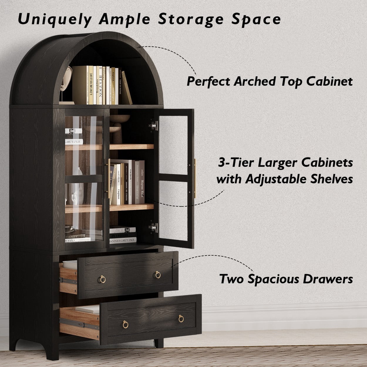 71" Tall Arched Kitchen Pantry Cabinet, Farmhouse Storage Cabinet with 2 Glass Doors, 2 Large Drawers, Adjustable Shelves, Freestanding Cupboard for Kitchen Dining Room, Black