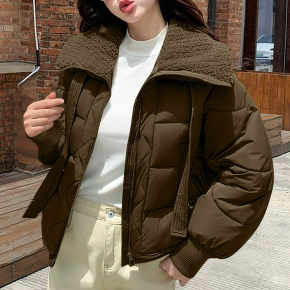 Lekwk Womens Cropped Jacket Full Zip Drawstring Lapel Jackets Fashion Padded Down Coat Casual Loose Quilted Coats Fall Winter Warm Stylish Outerwear with Pockets