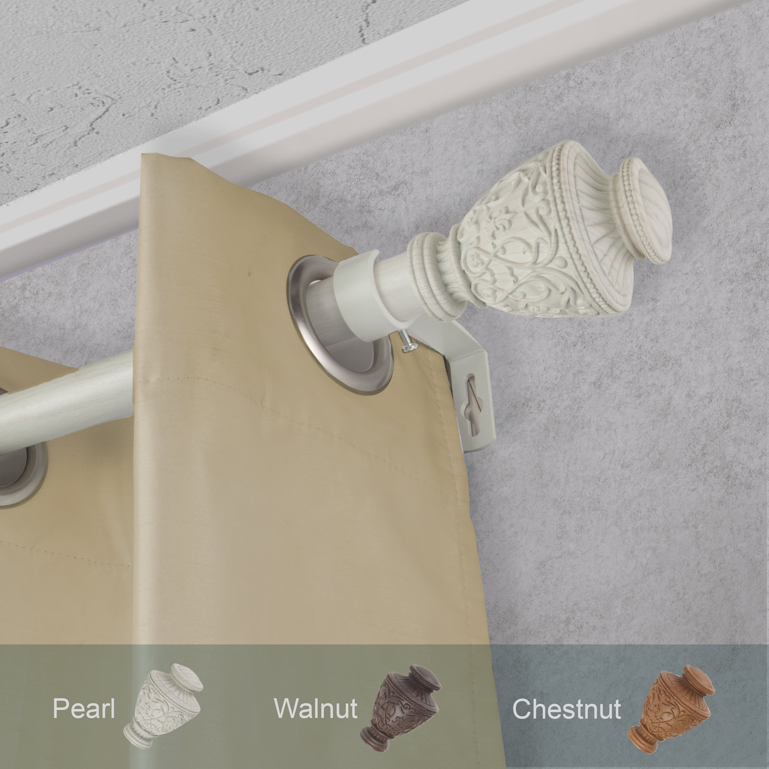1" Dia Faux Wood Curtain Rod 66-120 inch with Rian Finials - Pearl White