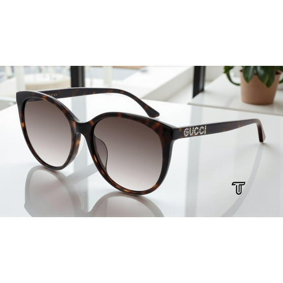 GUCCI GG0729SA 002 Havana Dark Brown Round Oval Panthos 56 mm Women's Sunglasses