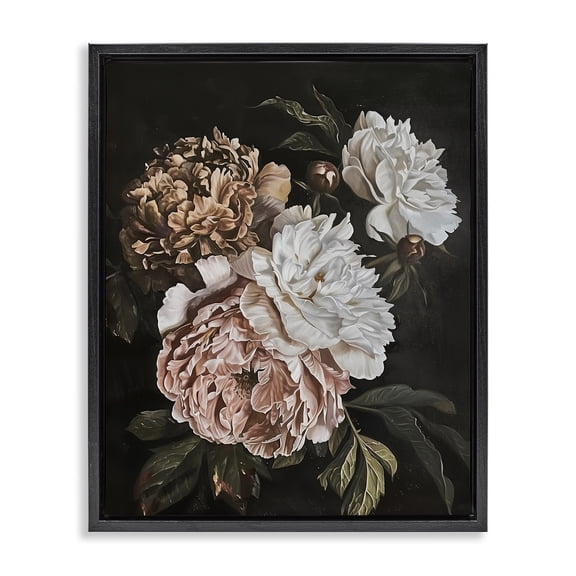 Stupell Industries Moody Peonies on Black Floral Painting Black Floater Framed Canvas Art Print Wall Art, 17 x 21