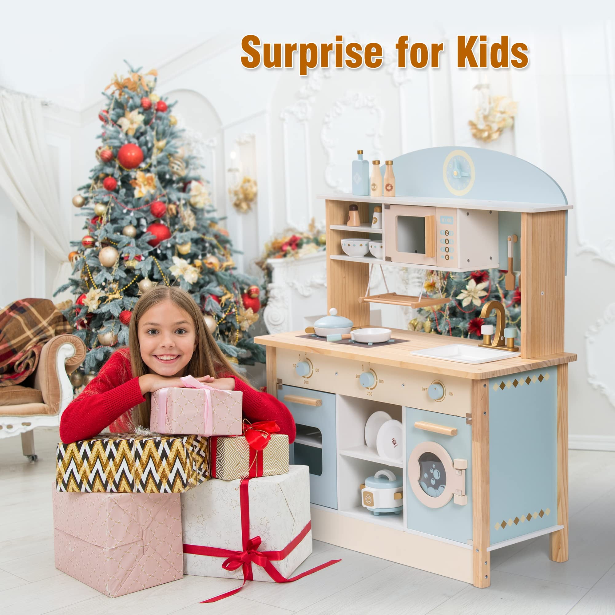 Robud Luxury Kids Play Kitchen Playset, Wooden Pretend Playset with Microwave Oven, Clock,Towel Rack,Toy for Toddler,Blue