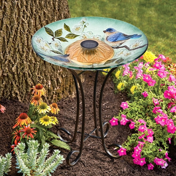 SOLAR LED FLORAL GLASS BIRD BATH WITH STAND - BLUE BIRD & PEACH BLOSSOM