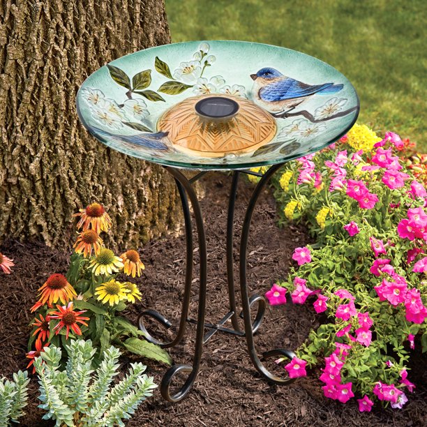 HiLine Gift Solar Led Floral Glass Bird Bath with Stand Blue Bird